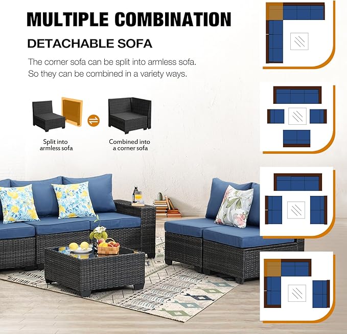 8 Pieces Patio Furniture Set All-Weather Outdoor Wicker Sectional Conversation Sofa Rattan Patio Seating Sofa with Cushion and Glass Table for Porch Poolside,Navy