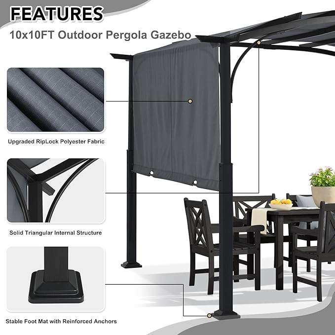 MASTERCANOPY 10x10ft Outdoor Retractable Pergola with Sun Shade Canopy Patio Metal Garden Pergola,Dark Grey