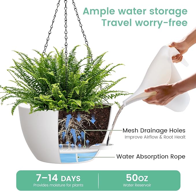 13 Inch 2 Pack Large Self Watering Hanging Planters for Indoor Outdoor Plants, Hanging Plant Pots with Removable 50 Oz Reservoir, Plastic Hanging Basket for Window Porch Garden, White