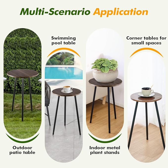 Metal Outdoor Side Tables Set of Two Small Outside Round End Table for Patio Modern Accent Garden Corner Table for Small Spaces, Balcony, Porch, Weather-Resistant Plant Stand Indoor, Woodgrain