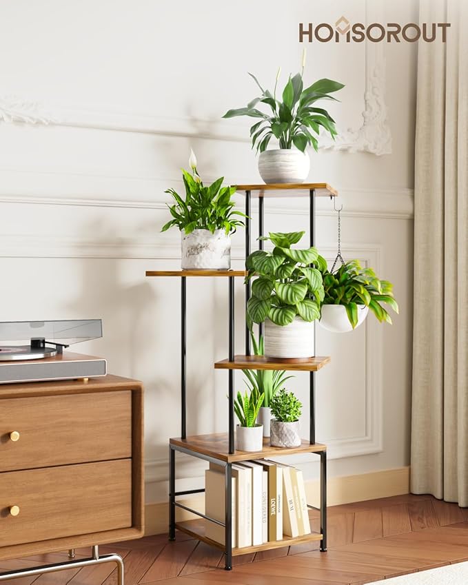 Plant Stand Indoor, 5-Tier Tall Plant Stand Indoor, Metal Plant Shelf with Hanging Basket Hook, Ideal Corner Plant Table for Living Room, Balcony, Garden, Patio (Brown)
