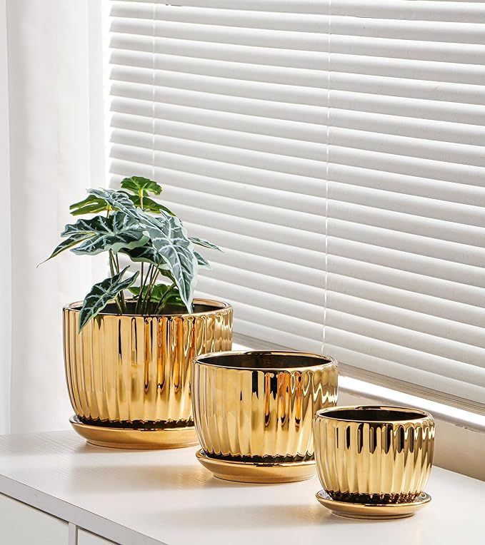 Ton Sin Gold Plant Pots,4.1+5.1+6.5 Inch Ceramic Succulent Planters Set of 3 Mini Indoor Flower Pot with Drainage,Handmade Decorative Ceramic Orchid and Herb Pots(Gold)