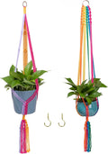 Rainbow Colorful Macrame Plant Hanger with 2 Hooks, Hanging Plant Holder Indoor Outdoor, Handmade Cotton Rope for Boho Room Decor Hanging Ceiling Decor，2 Pack