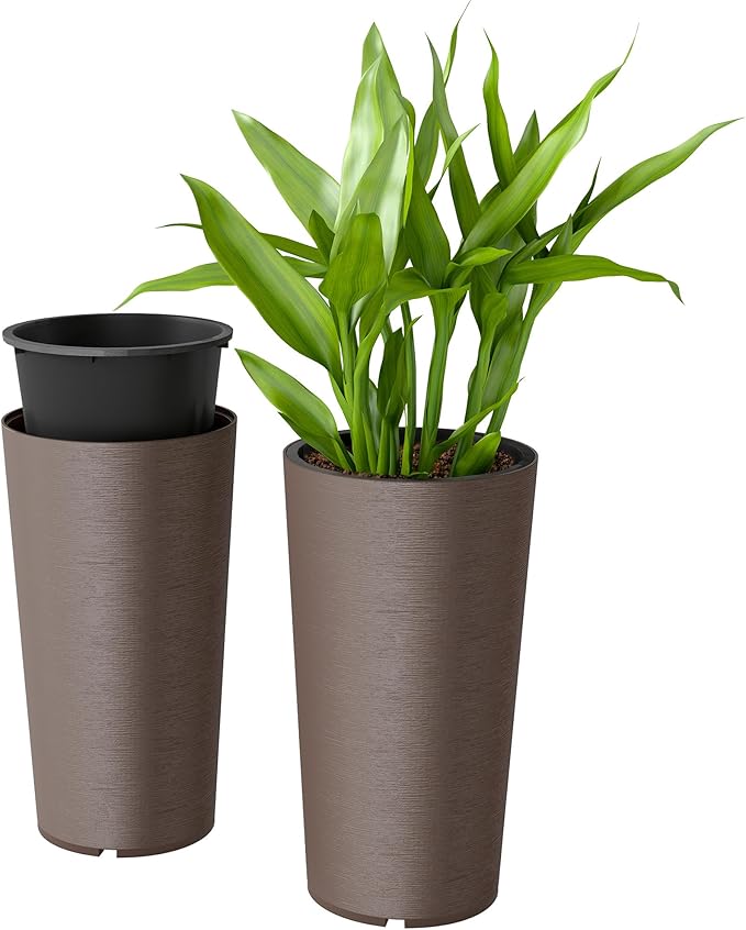 Outsunny 29 Inch Tall Planters for Outdoor Plants, Set of 2 Plastic Flower Pots with DIY Drainage Holes, Stackable Large Planters for Indoor Plants, Front Porch Decor, Brown