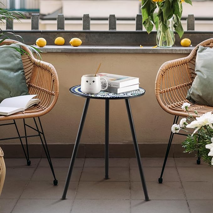 1 Pack Metal Outdoor Side Table Small Outside Round End Table for Patio Modern Accent Garden Corner Table for Small Spaces, Balcony, Porch, Weather-Resistant, Plant Stand Indoor, Round Mosaic