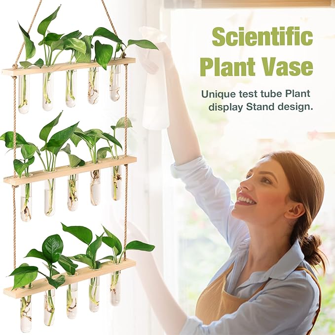 XXXFLOWER Wall Hanging Propagation Station with Wooden Stand 5 Glass Test Tubes 3 Tiers Planters Wall Terrarium for Home Office Plant Hanger Flower Vases Wall Decor Hydroponic Cuttings