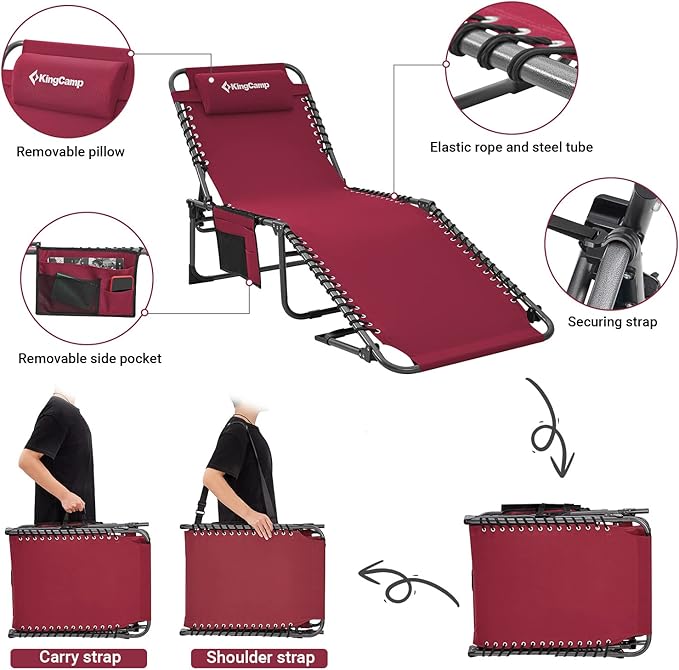 KingCamp Lounge Chair Outdoor, Folding Portable Tanning Chairs Comfy Adjustable 5-Position Lay Flat Foldable Chaise Chaser Lounger with Pillow for Outside Beach Patio Sun Bathing Pool Backyard, Wine