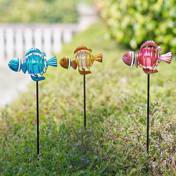 Fish 3Pack 21.3''H Outdoor Figurine Lights, Multicolor Clownfish Solar Garden Decor with Led Lights, Decorative Garden Stake for Yard, Patio, Lawn