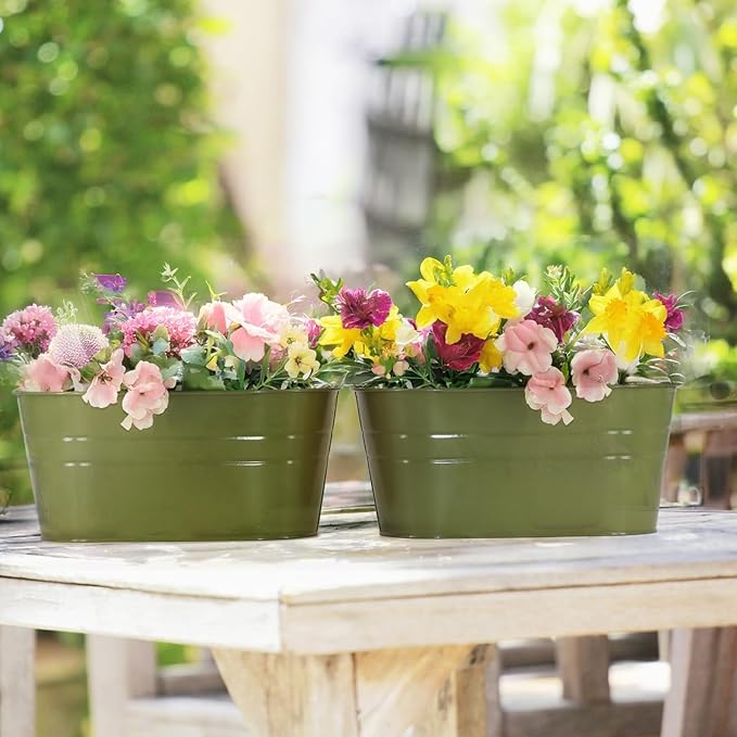 3 Pack Metal Railing Planters, 10.5" Oval Hanging Flower Pots with Detachable Hooks & Drainage Holes, Fits Rails up to 2.36", Galvanized Iron Fence Bucket for Balcony Garden Patio - Green