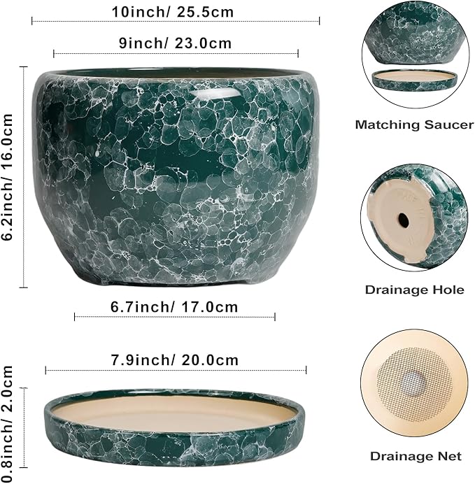 SQOWL 10 Inch Plant Pot - Ceramic Planter for Indoor Plants Outdoor, Large Ceramic Flower Pot with Drainage Hole and Saucer, Decorative Round Planter, Living Room Decor, Gifts for Women Men, Green