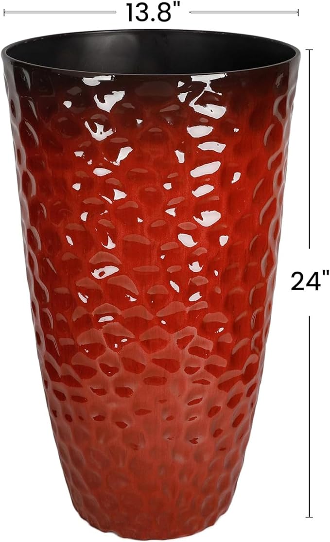 Worth 2 Pack 24" Tall Large Plastic Planter with Drainage Hole, Round Decorative Flower Plant Pit for Indoor or Outdoor Gardening, Glossy Red