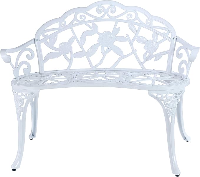 Mandolin Outdoor Benc Park Garden Chair,All Chair Anti Rust Cast Aluminum Patio Yard Bench,Carved Rose Loveseat Bench for Backyard .Porch.Balcony.Lawn (White)