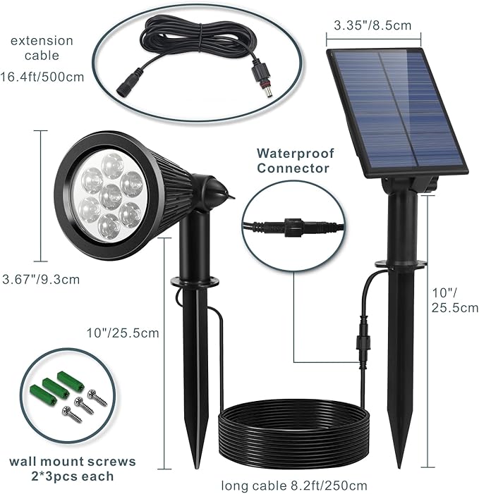 Solar Spotlight Outdoor, Spot Light with Separate Solar Panel ＆ 24.6ft Long Waterproof Cable, Bright 7-LED Ground Flag Pole Light, Dusk-to-Dawn Landscape Lighting for Flag, House, Tree, Garden (White)