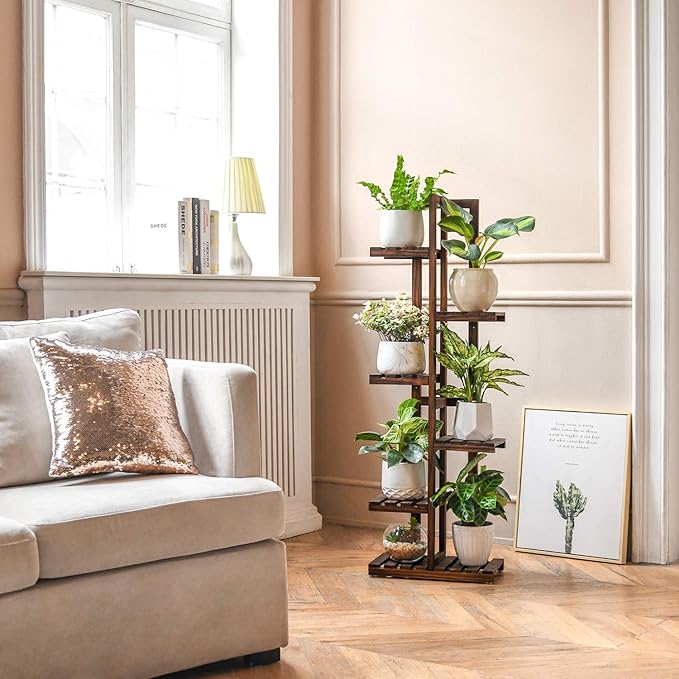 Mkono Wood Plant Stand 6 Tier 7 Potted Plant Shelf Indoor Outdoor Tall Multi-tiered Flower Pot Holder Modern Ladder Storage Rack Display Planter for Patio Garden Corner Balcony Living Room, Brown