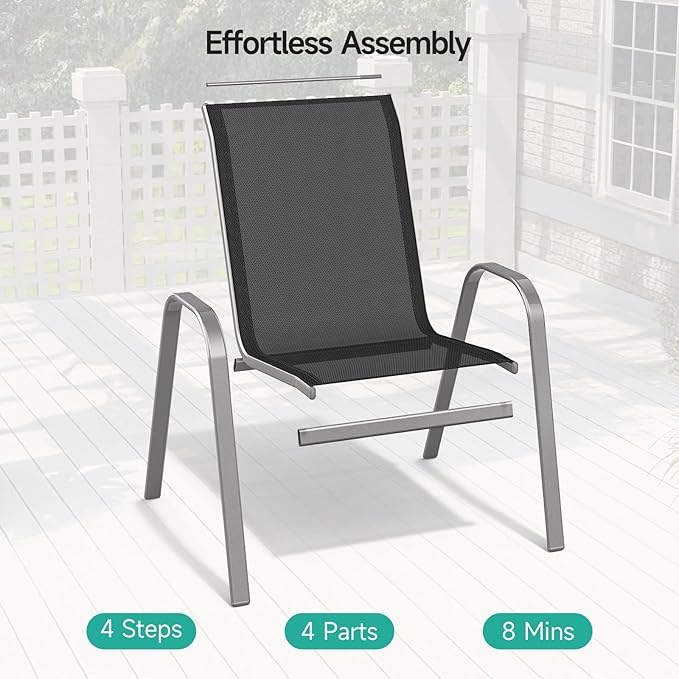 Patio Chairs Set of 6, Easily Set Up Stackable Outdoor Dining Chairs with High Back and Wide Seat, All Weather Breathable Outdoor Chairs Set of 6 with Metal Frame for Backyard Deck Pool, Black