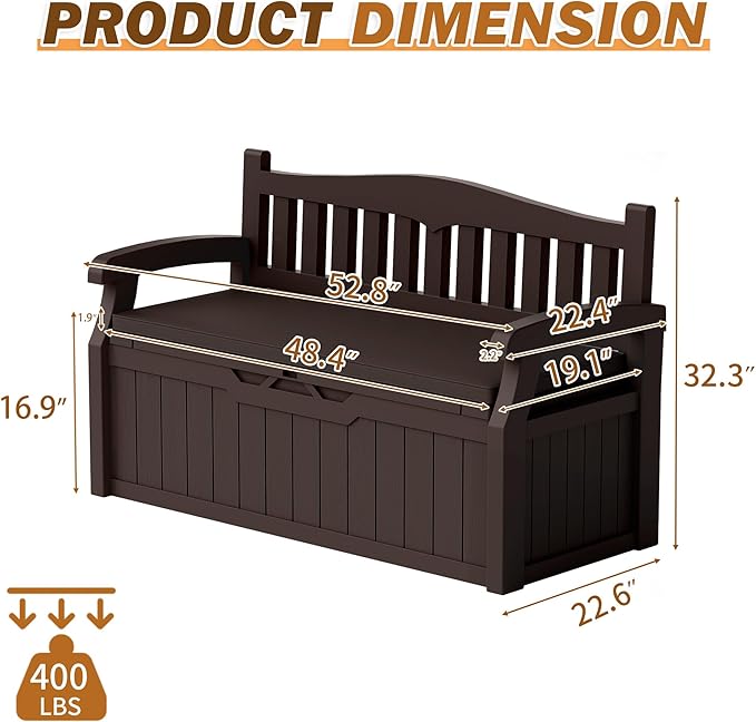 Devoko 80 Gallon Storage Bench with Cushion, Lockable Deck Box for Patio Furniture, Garden Decor and Outdoor Seating for Cushions, Garden Tools and Pool Supplies (Dark Brown, 80 Gallon with Cushion)