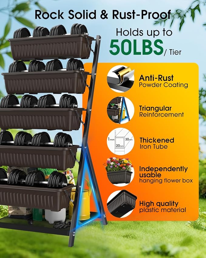5-Tier Vertical Garden Bed Planter Boxes with Drainage System & Storage Space, Freestanding Vertical Garden Planter with 5 S-Hooks for Plants Vegetables Flowers Herbs in Garden Patio Yard