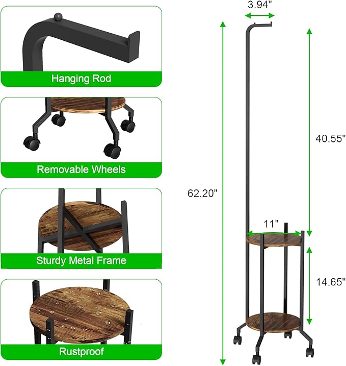 Plant Stand Indoor, 2 Tier Hanging Tall Plant Shelf with Wheels, 3 Potted Corner Flower Stand Metal Plant Holder, Plant Shelves for Living Room, Bedroom, Patio, Outdoor, Black