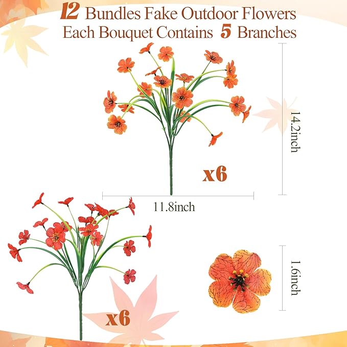 MACTING Artificial Fall Flowers for Outdoors 12 Bundles Faux Mums Outdoor Plants UV Resistant Fake Silk Flowers for Planters Garden Porch Patio Indoor Outside Autumn Thanksgiving Decor,Orange & Red