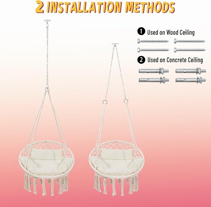 Macrame Hammock Hanging Swinging Chair with Medium Cushion, Perfect for Bedroom, Porch, Adults, Balcony, Beige