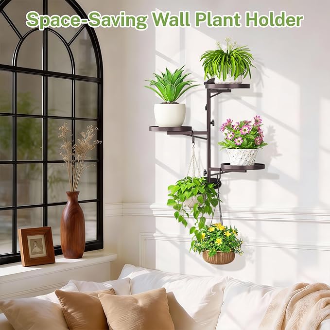 iDavosic.ly Rotating Window Plant Shelves, 3-Tier Metal Wall Stand with 2 Hooks, Flower Display Holder Rack for Living Room, Space Saving, Bronze (Pots/Chains/Plants Not Included)