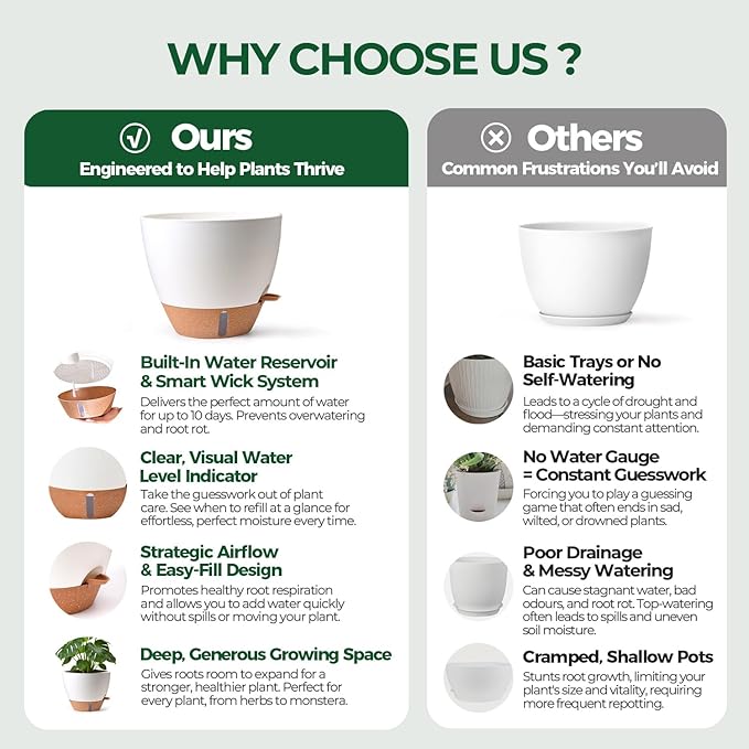 2 Pack 10 Inch Self Watering Pots - Water Level Indicator & Deep Reservoir, Mess-Free Planter for Busy People, Beginners & Gardeners, Fiddle Leaf Fig, Monstera, ZZ Plants, Indoor Outdoor Use (White)
