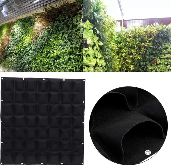 Hanging Planting Grow Bags, 49 Pockets Hanging Vertical Wall Planter Wall Mounted Grow Bag Outdoor Indoor Gardening Vertical Greening Flower Container, Planting Bags Storage Bags(1.0 m × 1.0 m, Black)