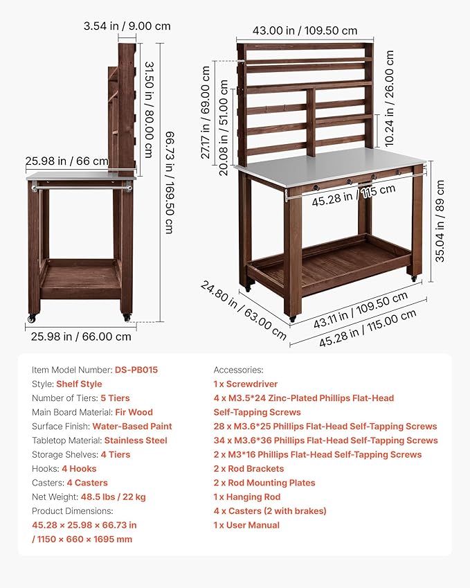 VEVOR Potting Bench Table, Outdoor Gardening Workstation with 45 x 26 in Stainless Steel Tabletop, Storage Shelves, 4 Casters, Hooks, Garden Planting Work Station for Outside Patio, Backyard, Brown
