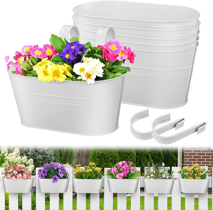 MADHOLLY Railing Planter with Drainage Holes - 6Pcs Sturdy Bucket Pots for Railing Fence, Countryside Style Metal Flower Pots for Herbs Balcony Garden Yard Decor, White