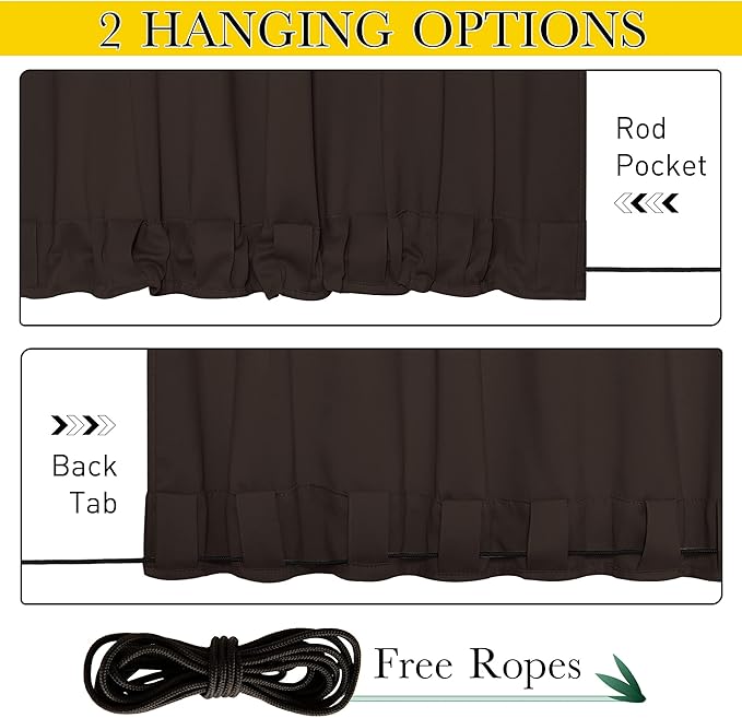 NICETOWN 2 Panels Outdoor Curtains for Patio Waterproof & Windproof, Extra Wide Grommet & Back Tab on Top & Bottom Thermal Insulated Sun Blocking Drapes with Rope for Deck, Toffee Brown, W100 x L95
