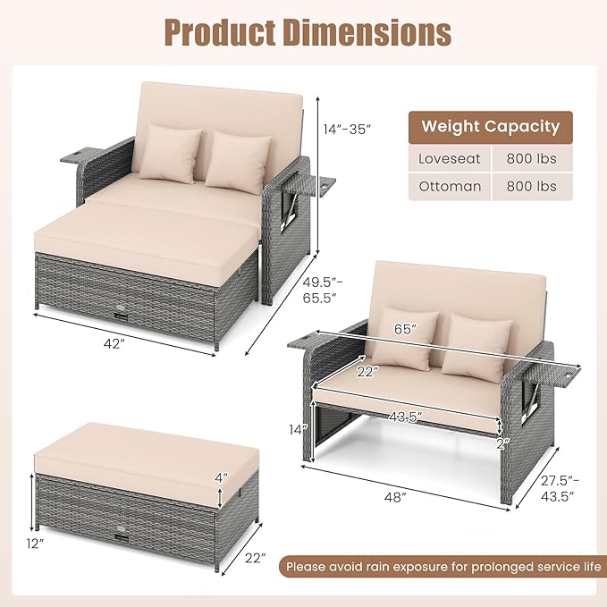 Tangkula Patio Rattan Daybed with 4-Level Adjustable Backrest, Outdoor PE Wicker Loveseat with Storage Ottoman & Folding Side Table, Double Sunbed for Balcony, Backyard & Poolside, Beige & Grey