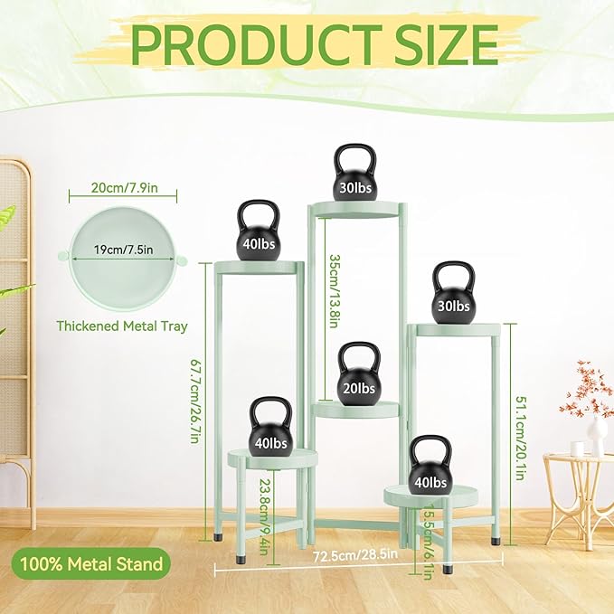 iDavosic.ly Plant Stand Indoor Outdoor, 6 Tier Corner Metal Flower Display Holder Shelf, Easy Assembly Folding Tall Orchid Rack for Patio Balcony Porch Garden Living Room House, Light Green