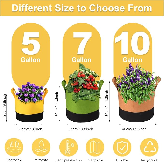 Grow Bags 10 Gallon,6 Pack Fabric Plant Pots with Handles Planter Bag for Outdoor Garden Planting Vegetables Flowers Fruit