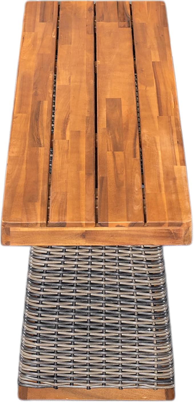 Christopher Knight Home Pasco Acacia Wood Outdoor Dining Table Set for 6, Wicker Patio Dining Set with Acacia Wood Table and Bench, Patio Table and Chair Set with Cushion+Rope Backrest,Black+Teak+Grey