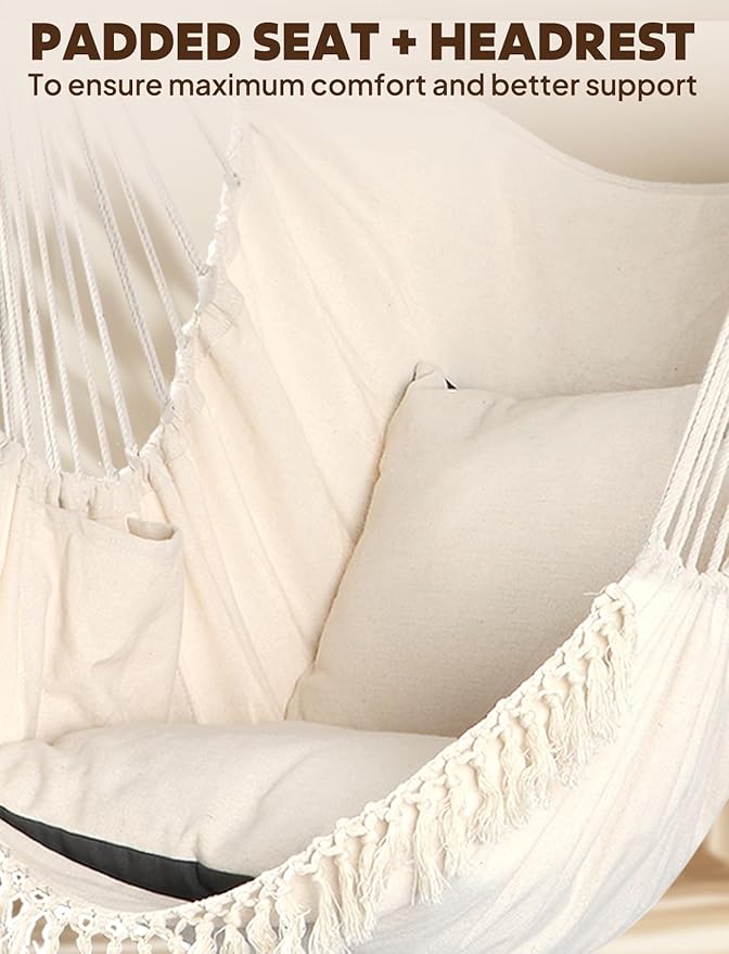 Chihee Hammock Chair Hanging Swing Max 500 Lbs 2 Cushions Included Metal Spreader Bar with Anti-Slip Grooves Portable Hanging Chair Side Pocket Large Macrame Bohemian Chair Indoor Outdoor