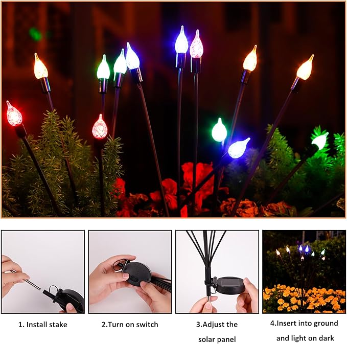 2 Pack Each 8 LEDs Solar Garden Lights Waterproof Outdoor Landscape Path Firefly Lights Single Spike Bulb Swaying Light Multicolor