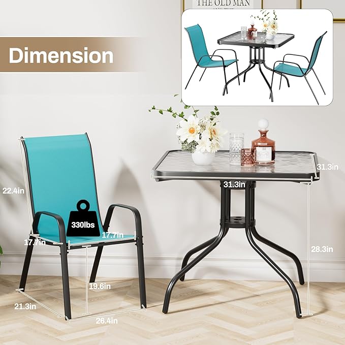 TLSUNNY Patio Dining Set 5 Pieces, All Weather Outdoor Furniture W/30"X 30" Table and 4 Stackable Textilene Chairs, Metal Table and Chairs for Lawn, Garden, Poolside, Backyard (Umbrella not Included)