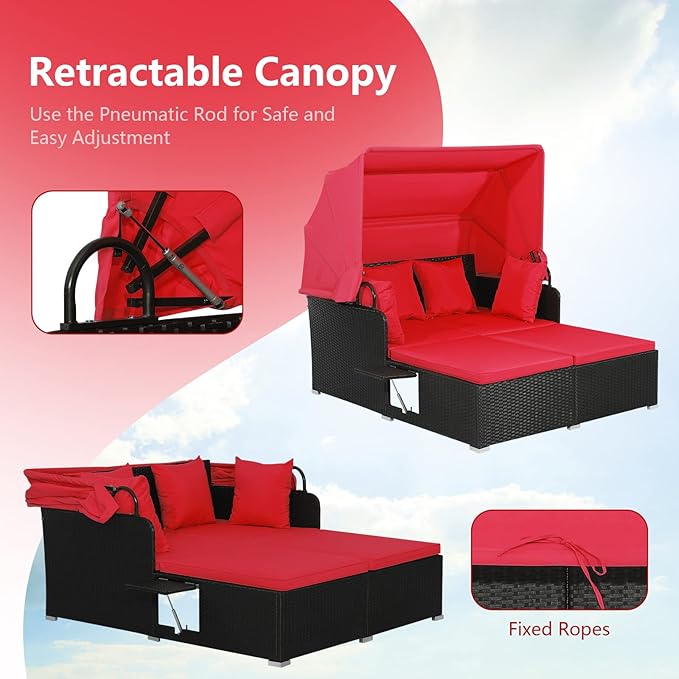 COSTWAY Outdoor Daybed with Retractable Canopy, Wicker Patio Furniture Set with Cushioned Pillows, Patio Rattan Daybed for Deck, Backyard, Poolside (Red)