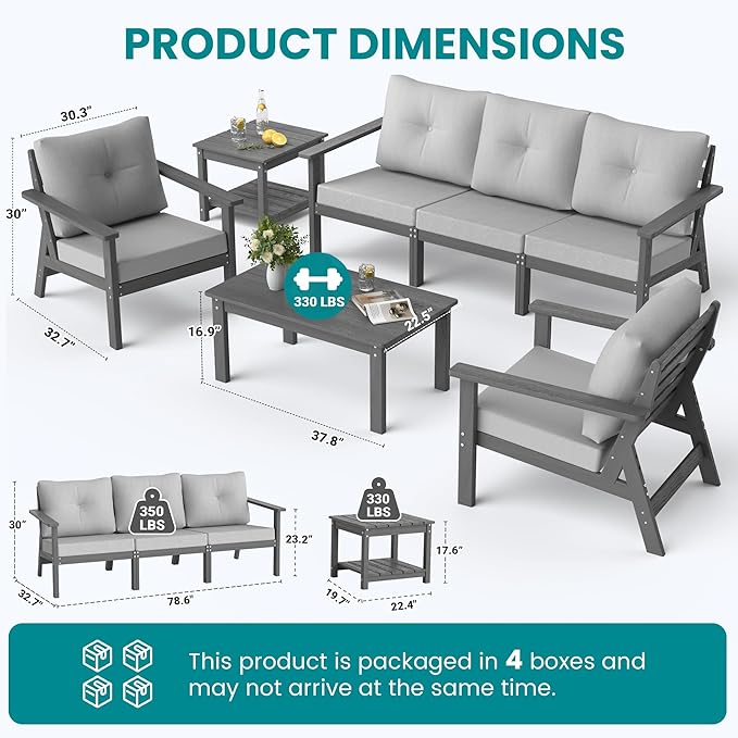 7-Piece HDPE Patio Furniture Set, Outdoor Sectional Sofa Set,All Weather Outdoor Couch with Dust-Free Cushions, Durable Patio Conversation Sets for Balcony, Porch, Gray