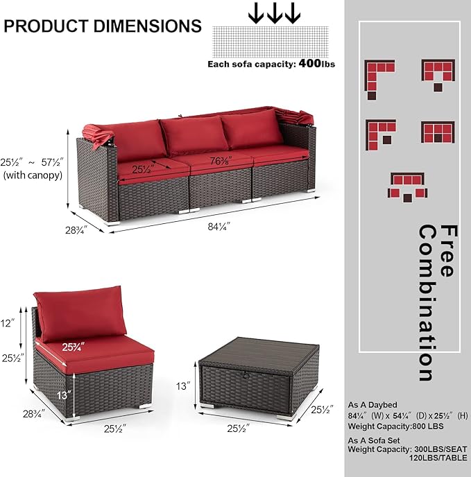 HOMREST 6 Pieces Patio Furniture Sets, Rattan Daybed with Retractable Canopy, Outdoor Sectional Sofa Set with Adjustable Backrest, Chaise Chair Sunbed for Garden Poolside Backyard(Red)