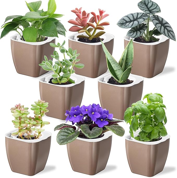 8 Pack Self Watering Pots 4-inch Decorative Flower Planters for Indoor Plants Modern Square planters for Small Plants Window Sill Planters for Succulents, African Violets, Herbs(Sliver Gold)
