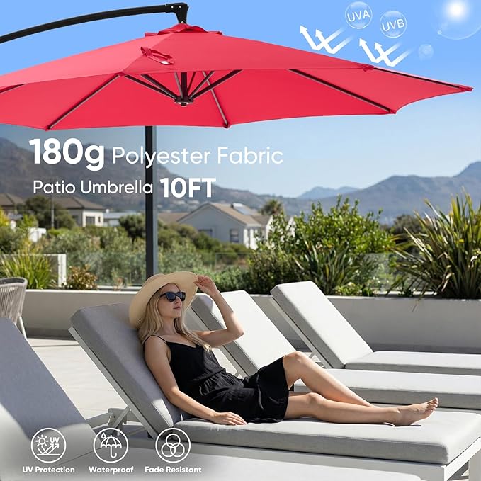 NEWBULIG 10FT Patio Umbrella, Offset Cantilever Outdoor Patio Table Umbrella, UV Protection, Fade Resistant Fabric, Easy Tilt Adjustment for Pool, Deck, Garden, Backyard