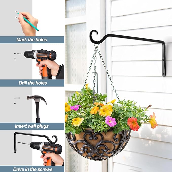 BOLITE Plant Hangers, 10 Inch Hanging Plant Brackets Outdoor Indoor, Wall Hooks for Hummingbird Feeders, Bird Feeders, Planters, Lanterns, Wind Chimes, Home Decor, 2 Pack, Black, Gifts for Women Men