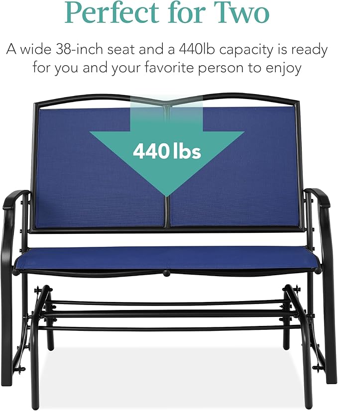Best Choice Products 2-Person Outdoor Patio Swing Glider Steel Bench Loveseat Rocker for Deck, Porch w/Textilene Fabric, Steel Frame - Navy/Black