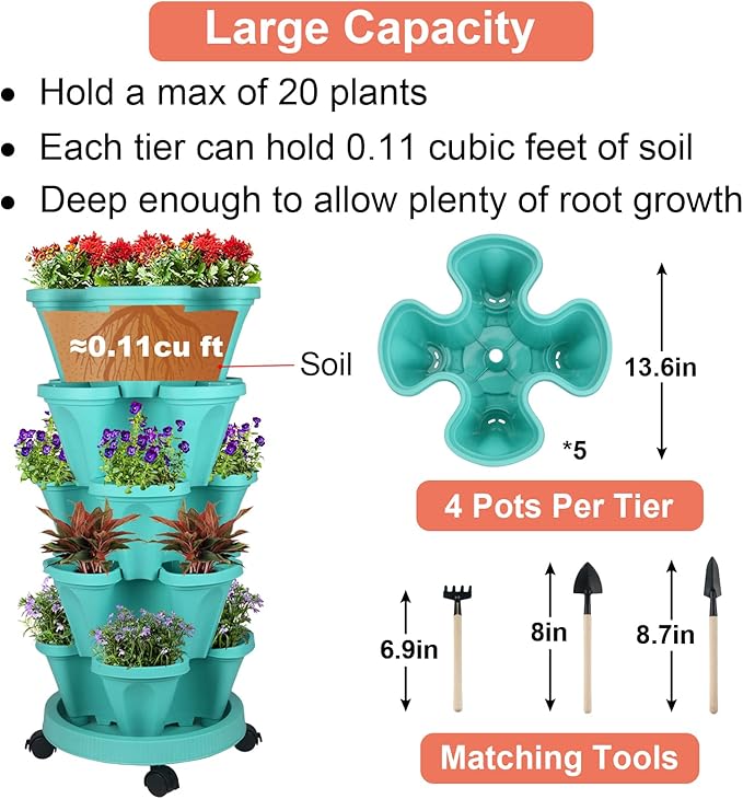 GameXcel Vertical Planter 5 Tier Stackable Planters Garden Planters Strawberry Herb Flower and Vegetable Planter Indoor Outdoor Gardening Pots with Removable Wheels and Tools
