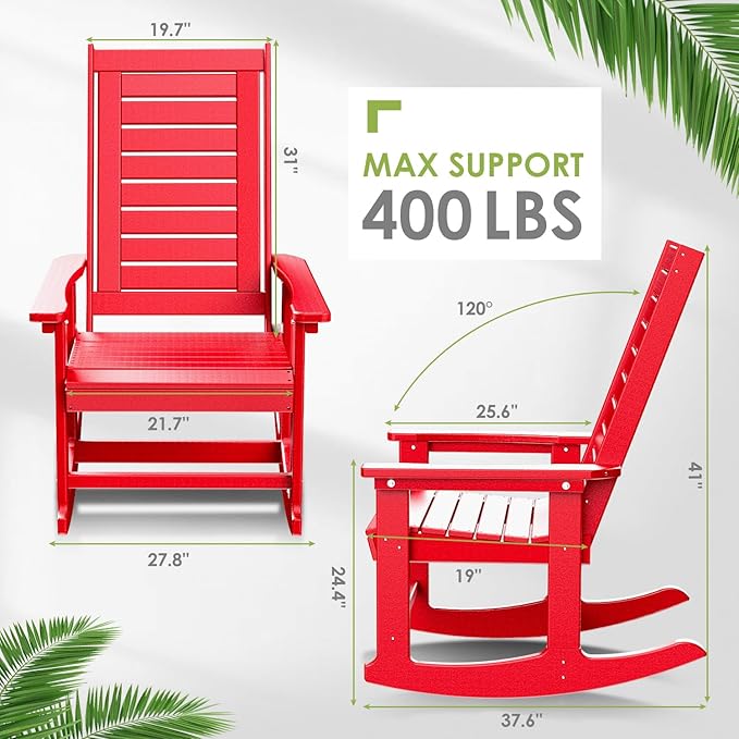 GREENVINES Outdoor Rocking Chairs | Set of 2 | Porch Rocker | HDPE Plastic | Red | Oversized Rockers | High Back | Big & Tall | Ladder Back | for Patio Outside Backyard Balcony