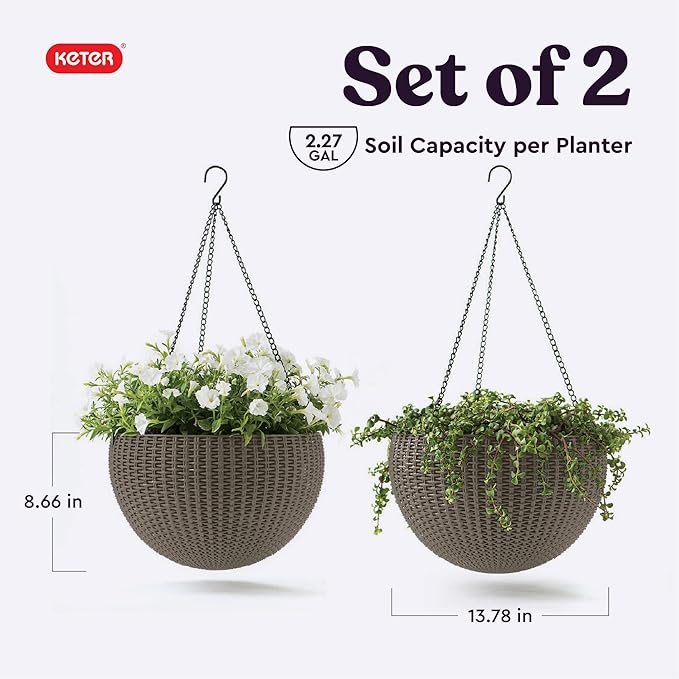 Keter Resin Rattan Set of 2 Round Hanging Planter Baskets for Indoor and Outdoor Plants-Perfect for Porches and Patio Decor, Cappuccino