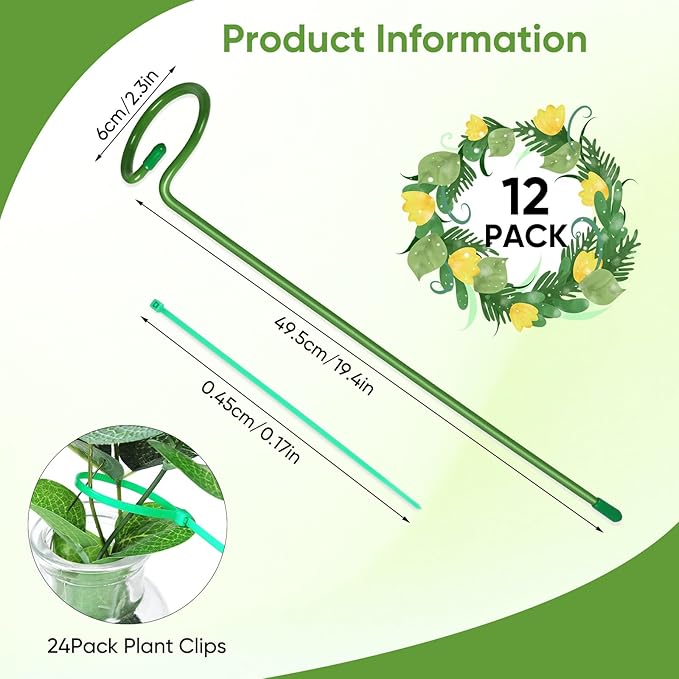 12 Pack Plant Support Stakes with 24 Pcs Plant Clips, Garden Single Stem Support Stake, Plant Cage Support Ring for Indoor Outdoor Flowers Rose Amaryllis Tomatoes Peony Lily Orchid
