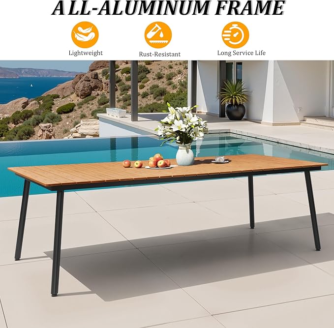 95" Patio Outdoor Dining Table for 8-10, Weather-Resistant Wood-Grain Top with Aluminum Frame & Umbrella Hole for Deck Gatherings, Brown