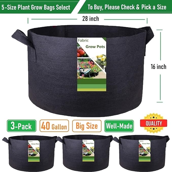 3-Pack 40 Gallon Thickened Plant Grow Bags Large (28x16 in) Heavy Duty Garden Bag Fabric Plant Pots for Potato,Tomato Planter,Herbs Veggies Planting,Flower Pots,Barrel Planter,Leaf Bag,Yard Waste Bags